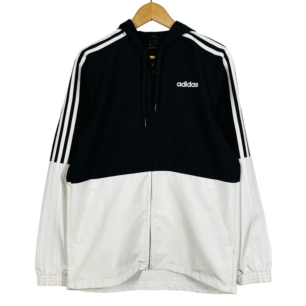 Adidas Lightly Ribbed Athletic Jacket Coat Colorblock Black White Full Zip - S